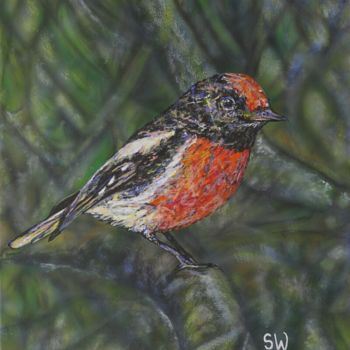 Painting titled "Red-capped Robin" by Susan Willemse, Original Artwork, Acrylic