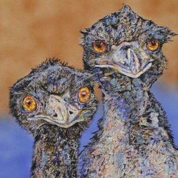 Painting titled "Mr. and Mrs. Emu" by Susan Willemse, Original Artwork, Acrylic Mounted on Wood Stretcher frame
