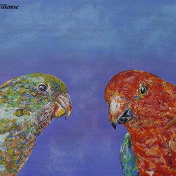 Schilderij getiteld "King Parrots" door Susan Willemse, Origineel Kunstwerk, Acryl Gemonteerd op Frame voor houten brancard