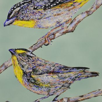 Painting titled "Pardalotes" by Susan Willemse, Original Artwork, Acrylic Mounted on Wood Stretcher frame