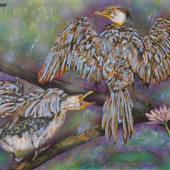 Painting titled "Cormorants: Dancing…" by Susan Willemse, Original Artwork, Acrylic Mounted on Wood Stretcher frame