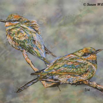Pittura intitolato "Rainbow Bee-eaters" da Susan Willemse, Opera d'arte originale, Acrilico Montato su Telaio per barella in…