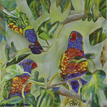 Painting titled "Rainbow Lorikeet in…" by Susan Willemse, Original Artwork, Acrylic Mounted on Wood Stretcher frame