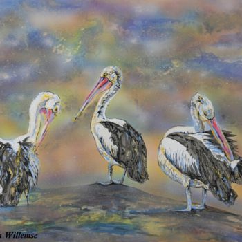 Painting titled "Pelicans" by Susan Willemse, Original Artwork, Acrylic Mounted on Wood Stretcher frame