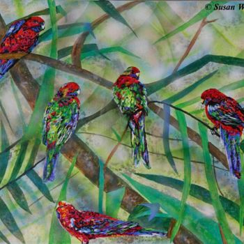 Painting titled "Crimson Rosellas" by Susan Willemse, Original Artwork, Acrylic Mounted on Wood Stretcher frame