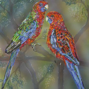 Painting titled "Crimson Rosellas: F…" by Susan Willemse, Original Artwork, Acrylic Mounted on Wood Stretcher frame