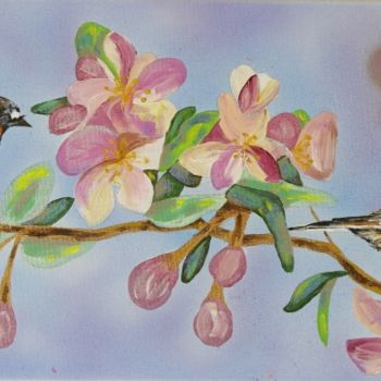 Картина под названием "Robins in spring bl…" - Susan Willemse, Подлинное произведение искусства, Акрил Установлен на Деревян…