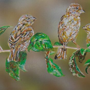 Painting titled "Rural Sparrows" by Susan Willemse, Original Artwork, Acrylic Mounted on Wood Stretcher frame