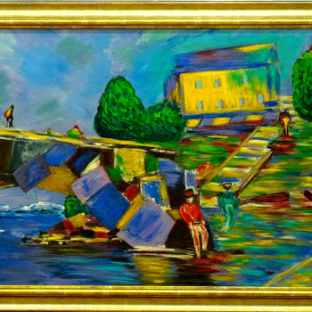 Painting titled "Мост Рейкьявик 100х…" by Lilian Harts, Original Artwork, Oil Mounted on Wood Stretcher frame