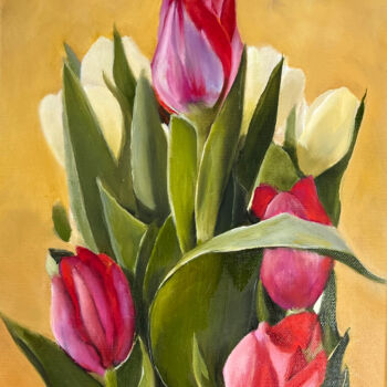 Painting titled "Tulpen pink (#22020…" by Sabine Schramm, Original Artwork, Oil Mounted on Wood Stretcher frame