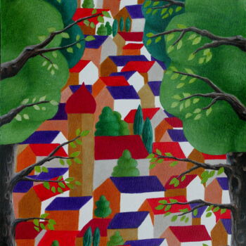 Malerei mit dem Titel "Das Dorf" von Sabine Weigel, Original-Kunstwerk, Aquarell