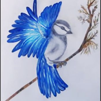Drawing titled "L'oiseau bleu" by Sabine Branne, Original Artwork, Watercolor
