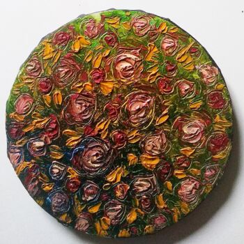Painting titled "Roses jaunes" by Sabrina Riggio, Original Artwork, Oil Mounted on Wood Stretcher frame
