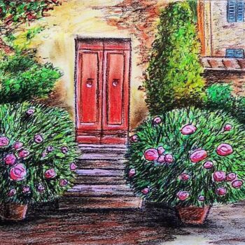 Dessin intitulée "La porte fleurie" par Sabrina Riggio, Œuvre d'art originale, Pastel