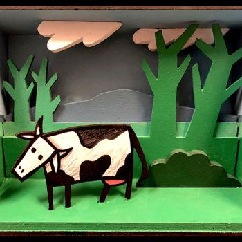 Painting titled "Diorama vache simple" by Sacha Schwarz, Original Artwork, Acrylic Mounted on Wood Panel