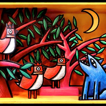 Peinture intitulée "renard et oiseaux" par Sacha Schwarz, Œuvre d'art originale, Acrylique Monté sur Panneau de bois