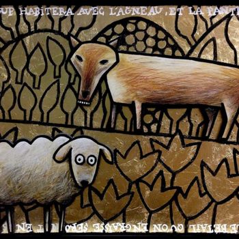 Painting titled "loup & agneau" by Sacha Schwarz, Original Artwork, Acrylic Mounted on Wood Panel