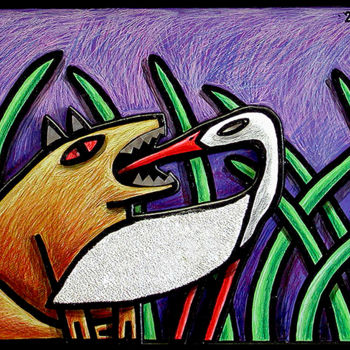 Peinture intitulée "Le loup et la cigog…" par Sacha Schwarz, Œuvre d'art originale, Acrylique Monté sur Châssis en bois