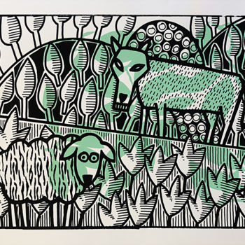 Printmaking titled "Le loup et l'agneau" by Sacha Schwarz, Original Artwork, Screenprinting