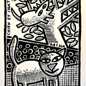 Printmaking titled "Chien et chat" by Sacha Schwarz, Original Artwork, Screenprinting