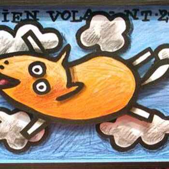 Painting titled "Chien volant" by Sacha Schwarz, Original Artwork