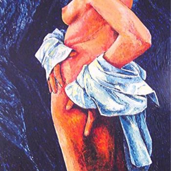 Peinture intitulée ""Le nu à la chemise"" par Sacha, Œuvre d'art originale