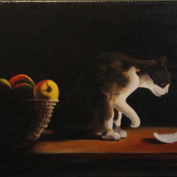 Painting titled "Le chat et la plume" by Sadi Boualam, Original Artwork, Oil