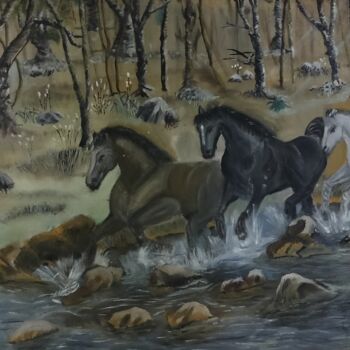 Peinture intitulée "Free Soul Horses" par Sadia Mahmood, Œuvre d'art originale, Huile
