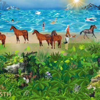 Arts numériques intitulée "Les chevaux à la pl…" par Safia Wosth, Œuvre d'art originale, Collage numérique Monté sur Autre p…