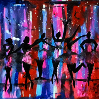 제목이 "Flamingo Party"인 미술작품 Sahani Madihage로, 원작, 아크릴 나무 들것 프레임에 장착됨