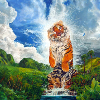 Peinture intitulée "Le Tigre Arroseur" par Sailev, Œuvre d'art originale, Huile Monté sur Châssis en bois