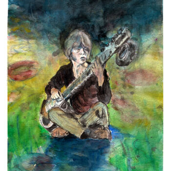 Peinture intitulée "Brian on sitar" par Olivier Saint-Gelais, Œuvre d'art originale, Aquarelle