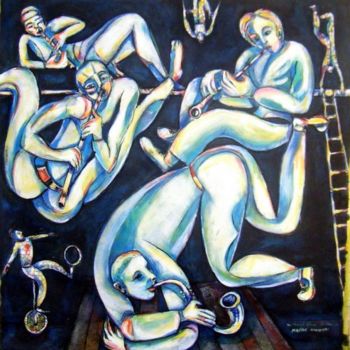 Painting titled "Musicos Acrobatas" by Vicente Fabre, Original Artwork, Oil