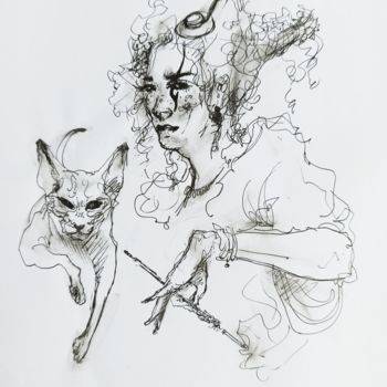 Disegno intitolato "Woman and cat" da Salamander Nebula, Opera d'arte originale, Penna gel