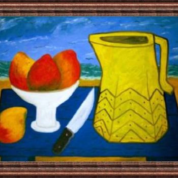 Painting titled "Mangos in a Blue ta…" by Francisco Vidal, Original Artwork, Oil