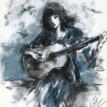 Desenho intitulada "девушка с гитарой" por Salidjon Mamatkulov, Obras de arte originais