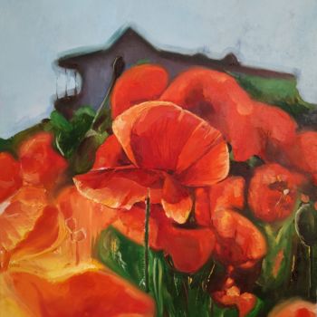 Painting titled "Among the flowers" by Yanis Salimov, Original Artwork, Oil Mounted on Wood Panel