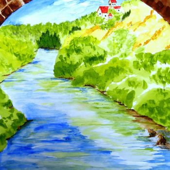 Pintura intitulada "vue-de-sous-le-pont…" por Lolo, Obras de arte originais, Aquarela