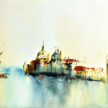 Painting titled "Dawn in Venice" by Salleh Su, Original Artwork, Watercolor