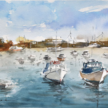Pintura intitulada "Cornwall Harbor" por Salleh Su, Obras de arte originais, Aquarela