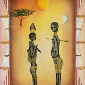 「Two African Figures…」というタイトルの絵画 Sally Applebyによって, オリジナルのアートワーク, オイル