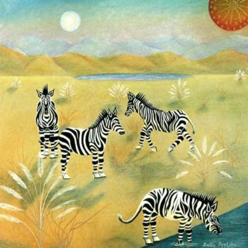 Pintura intitulada "Four Zebras" por Sally Appleby, Obras de arte originais, Óleo