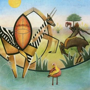 Pintura intitulada "Zebra with Flamingo" por Sally Appleby, Obras de arte originais, Óleo