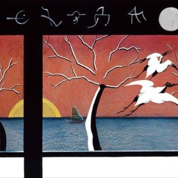 Schilderij getiteld "Japanese Storks" door Sally Appleby, Origineel Kunstwerk, Olie