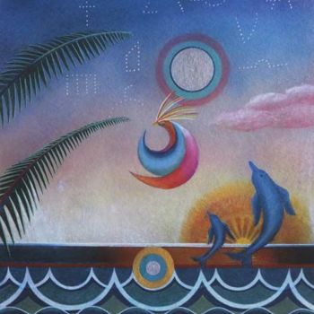 Картина под названием "Moon Bird and Dolph…" - Sally Appleby, Подлинное произведение искусства, Масло