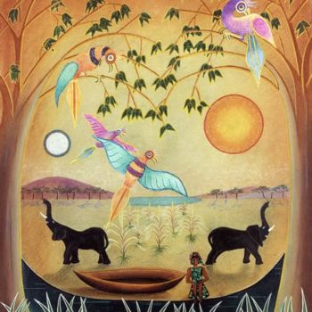 「Elephants & Birds」というタイトルの絵画 Sally Applebyによって, オリジナルのアートワーク, オイル