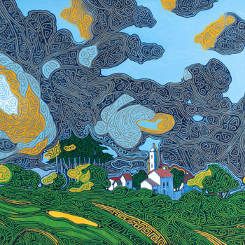 Schilderij getiteld "3-village-imaginair…" door Roger Salucci, Origineel Kunstwerk