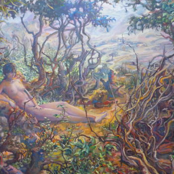 Painting titled "Mujer y Paisaje" by Salvador Velarde, Original Artwork, Oil