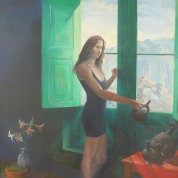Pintura titulada "Mujer y huacos" por Salvador Velarde, Obra de arte original, Oleo