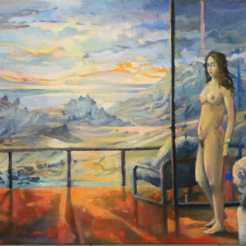 Malerei mit dem Titel "Desnudo en sala" von Salvador Velarde, Original-Kunstwerk, Öl